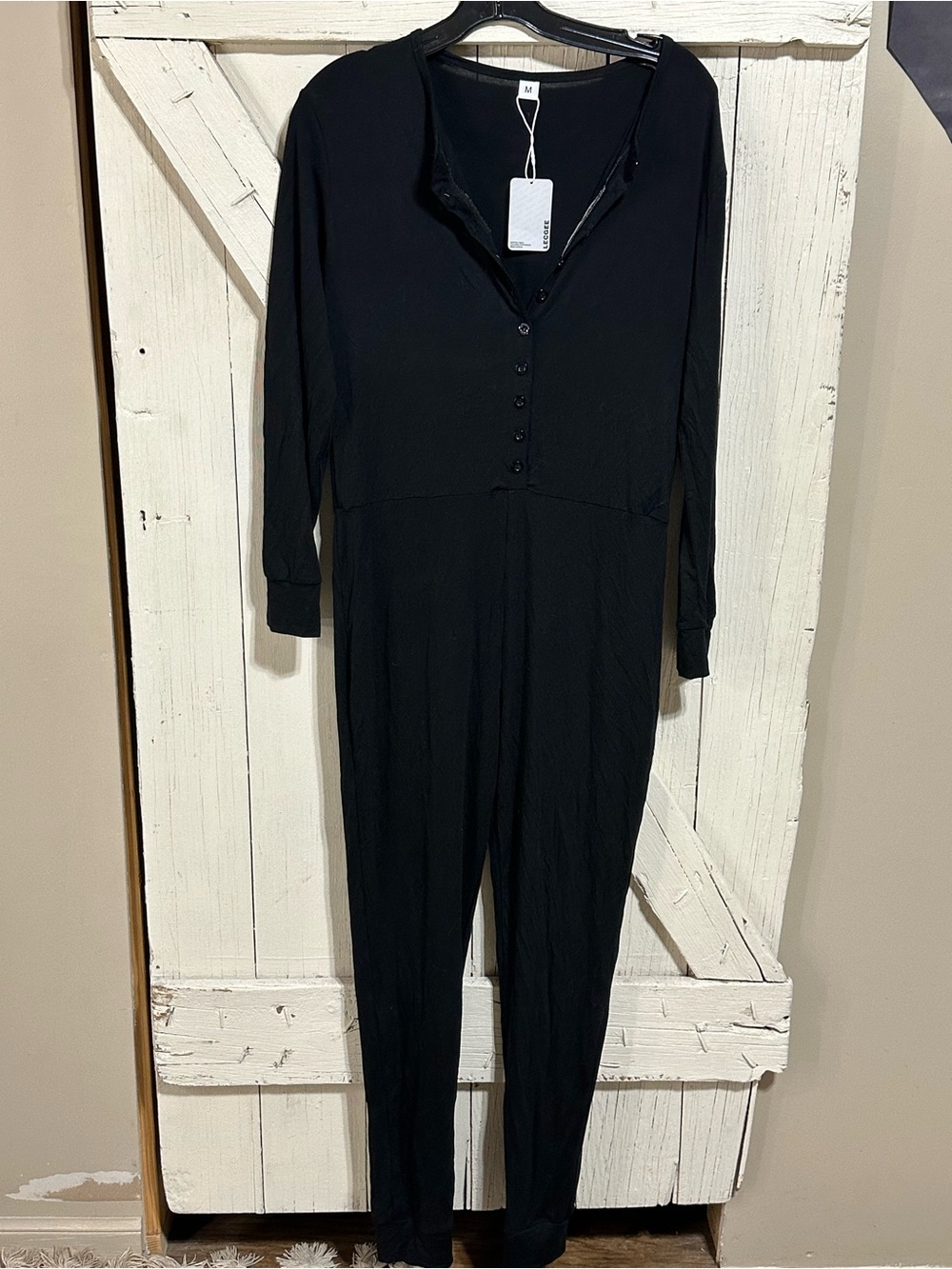 Women's Black Long-Sleeve Button-Front Jumpsuit